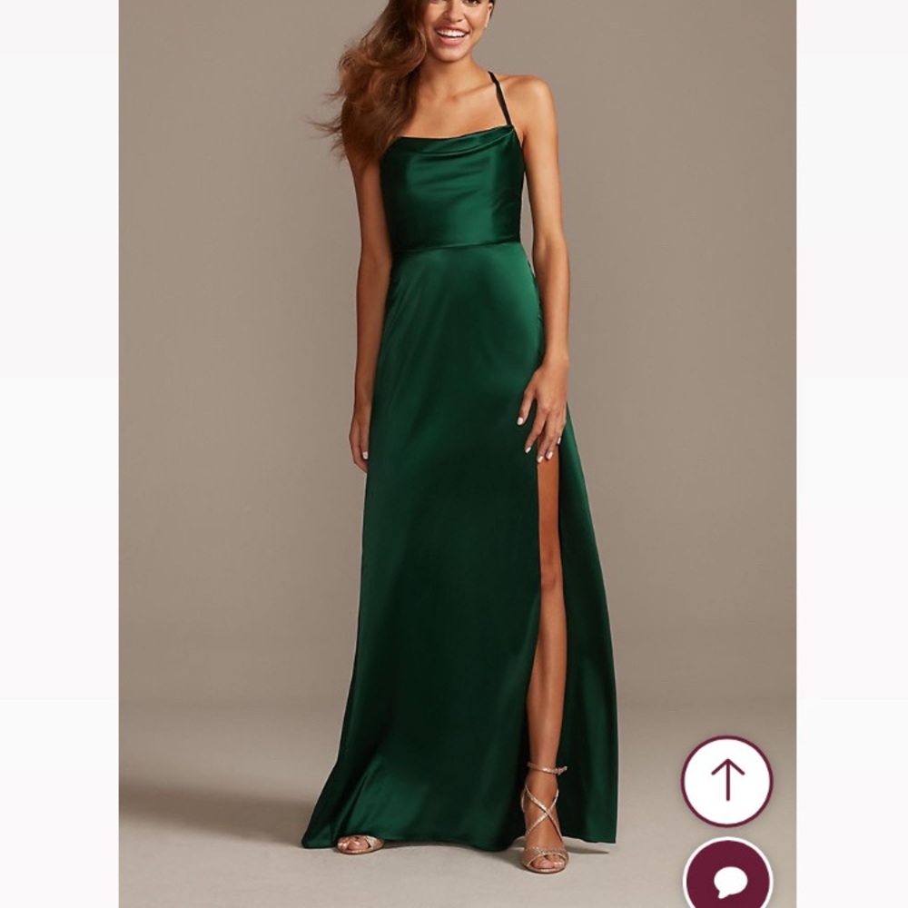 David’s Bridal Bridesmaid Dress SHINY CHARMEUSE COWL NECK SLIP DRESS WITH SLIT